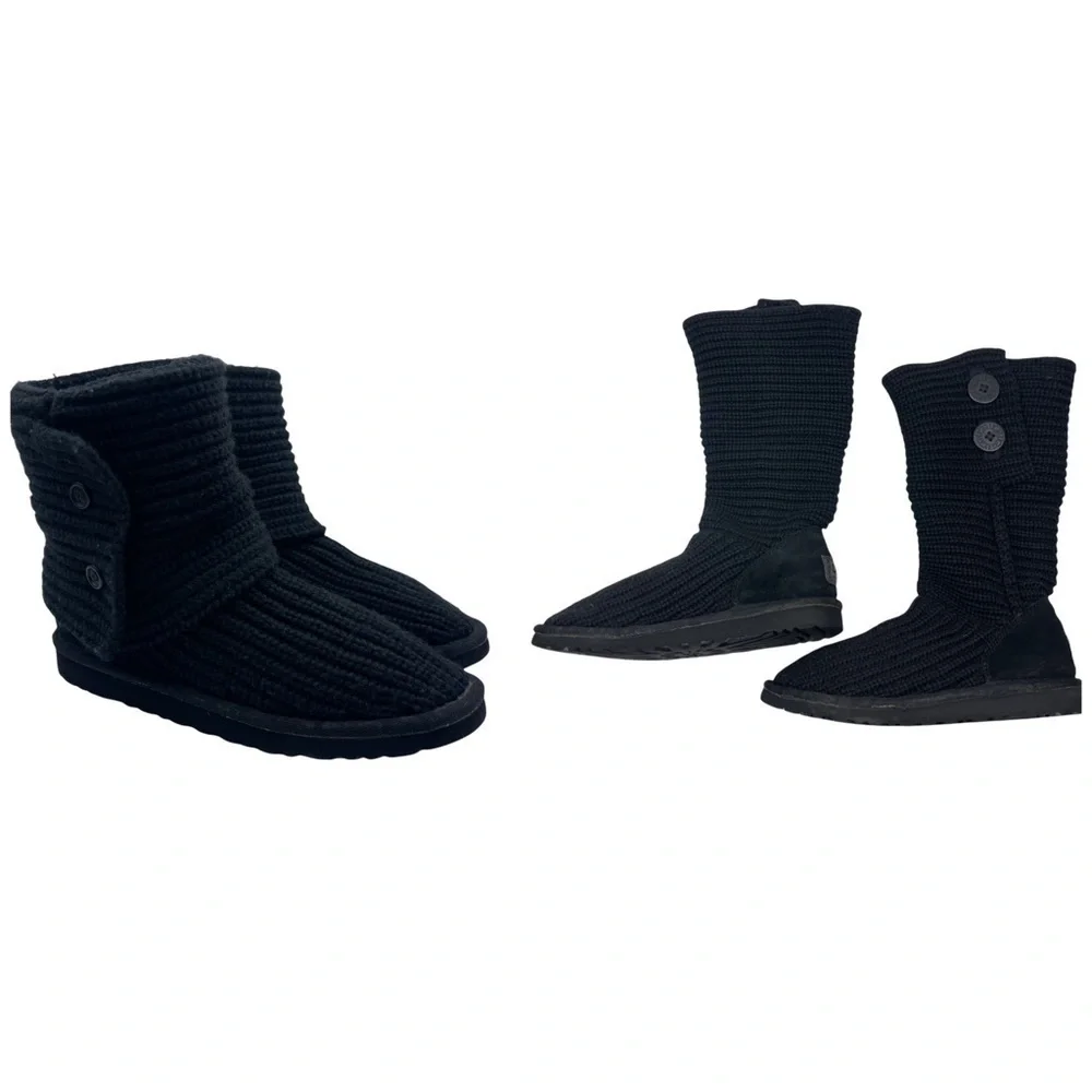UGG Cardy Knit Buttons Boots Kids Size 5 Suede Foldable Short Tall Black Cozy